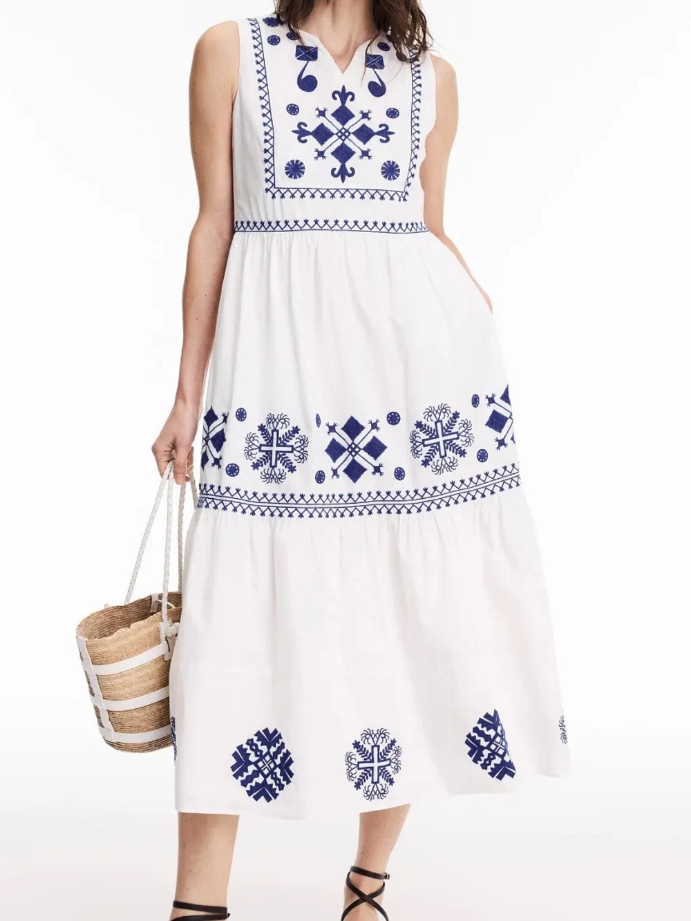 Area Stars Emma Embroidered Midi Dress White Blue Boho Greek Coastal Resort